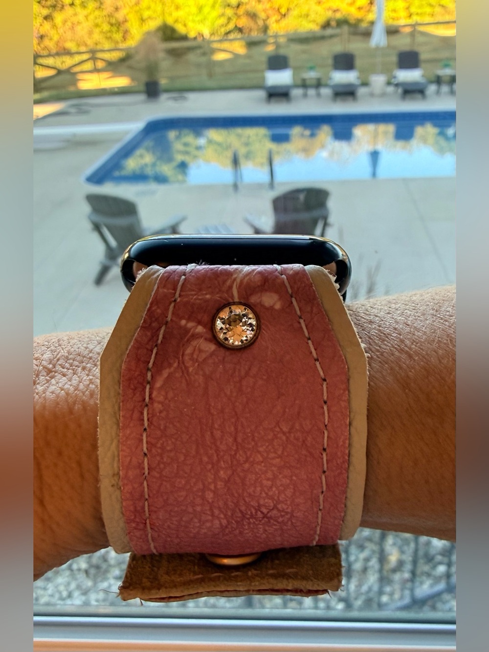 Women's Spark*l Apple Bow Watch Band in Pink and Cream Leather & Crystal Accent